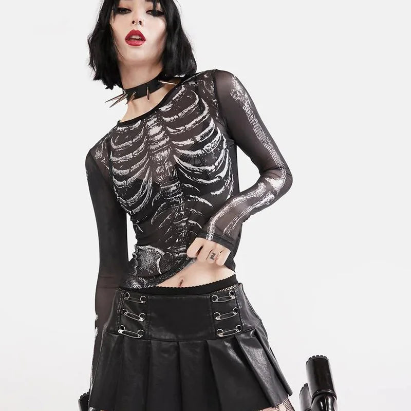 Morticia Skeleton Print Sheer Mesh Long-Sleeve Top One-piece