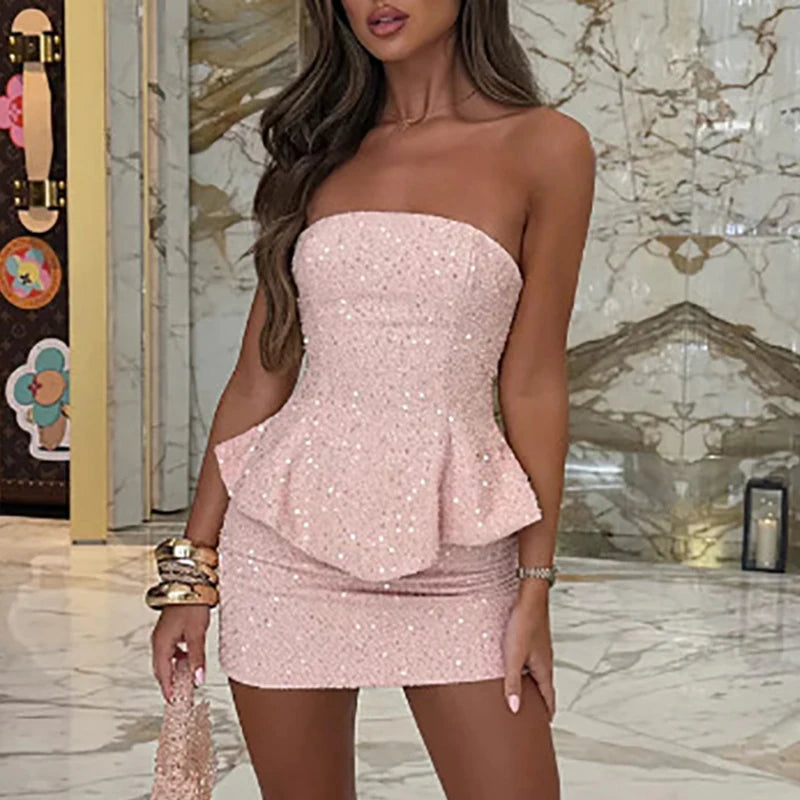 Brunhilde Sequin Strapless Peplum Tube Top & Mini Skirt Two-piece