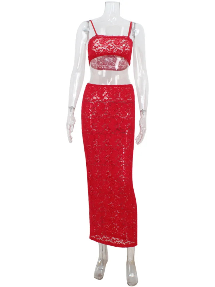 Fenwicka Red Lace Cami Top & Sheer Maxi Skirt Two-Piece Set