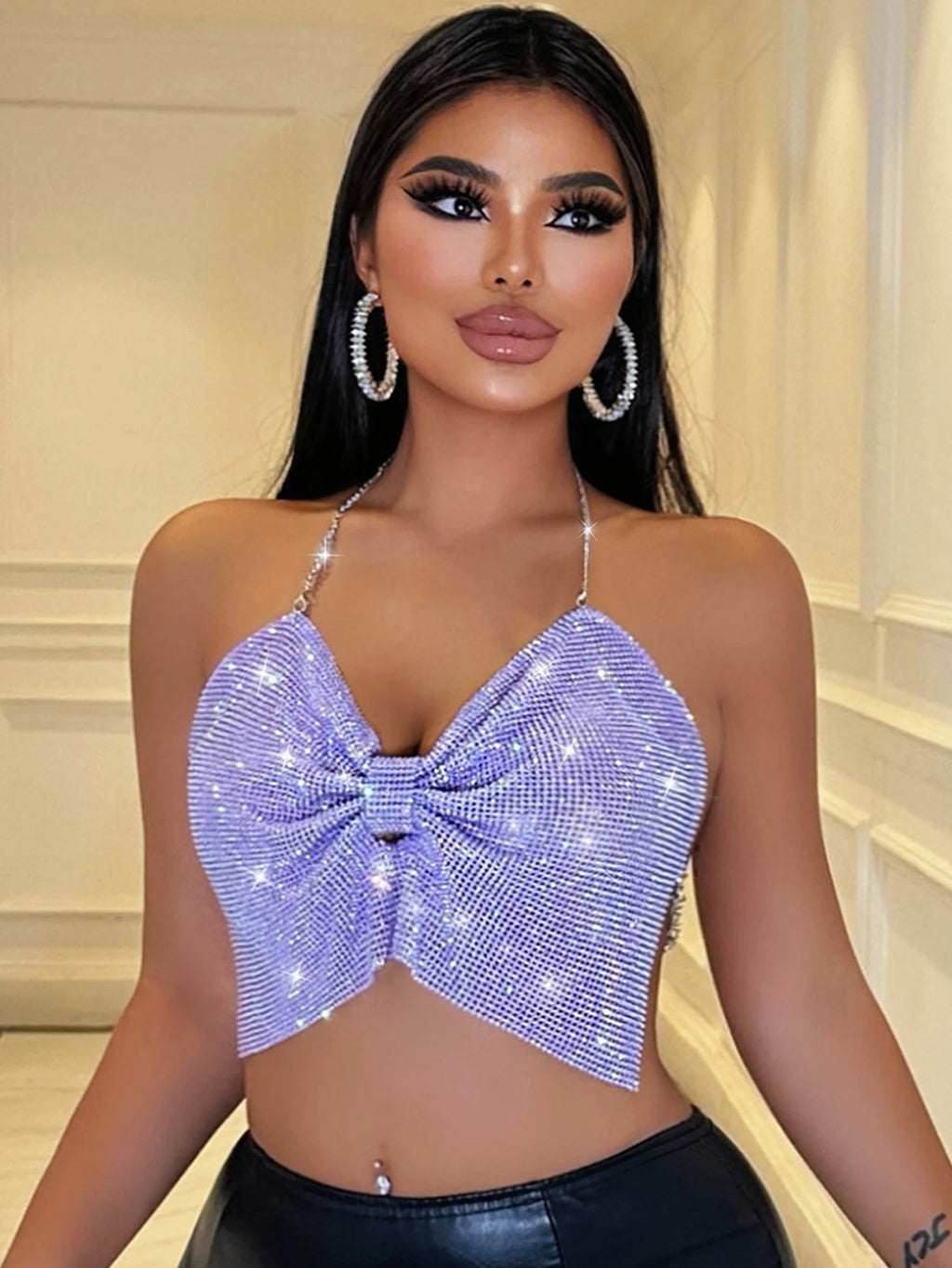 Zaria Purple Rhinestone Backless Corset Crop Top