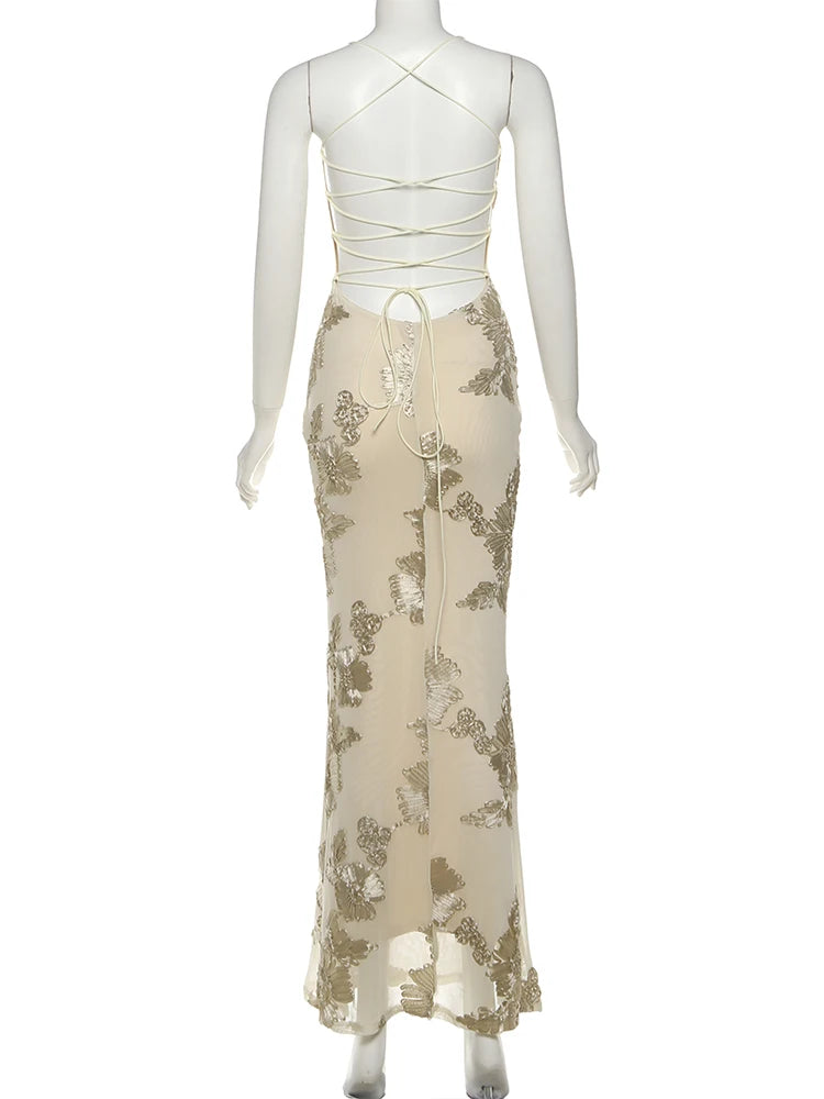 Isabella Spaghetti Strap Floral Embroidered Bodycon Maxi Dress