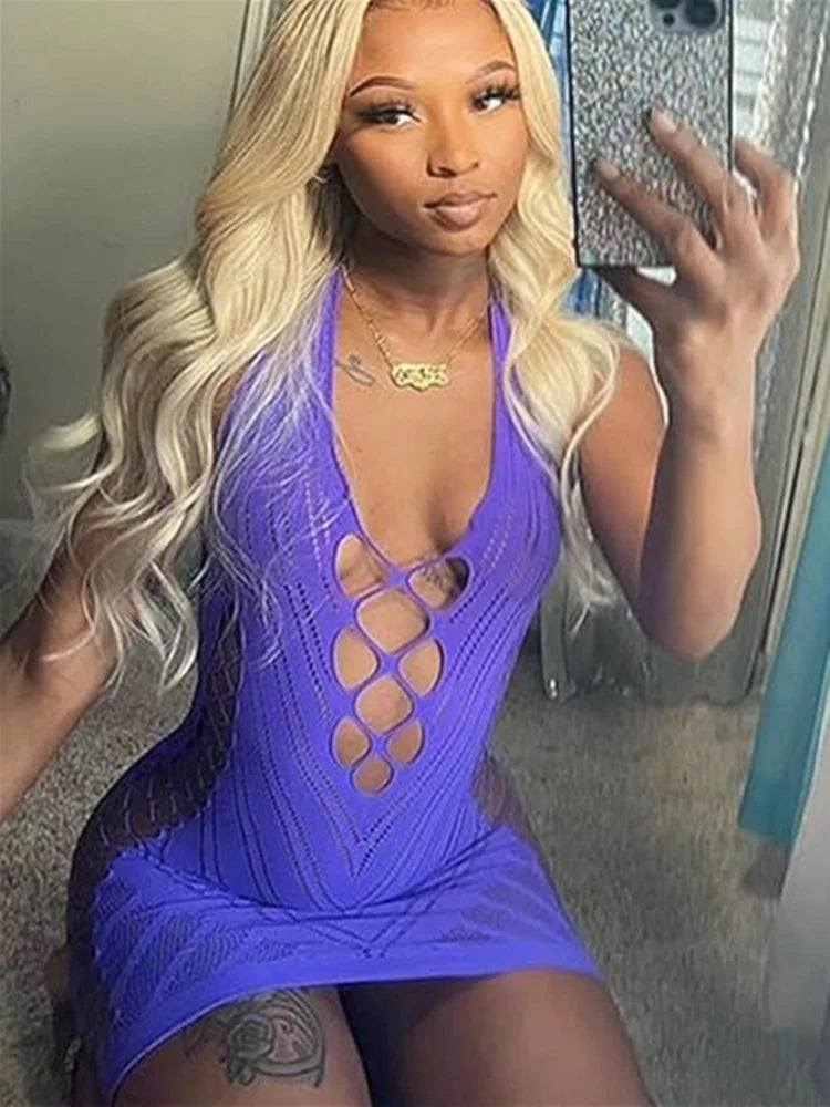 Ottavia Chevron Fishnet Lace-Up Halter Backless Bodycon Mini Dress