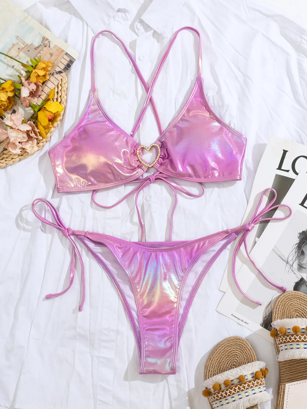 Rosalie Rhinestone Heart Metallic Bikini Two-piece