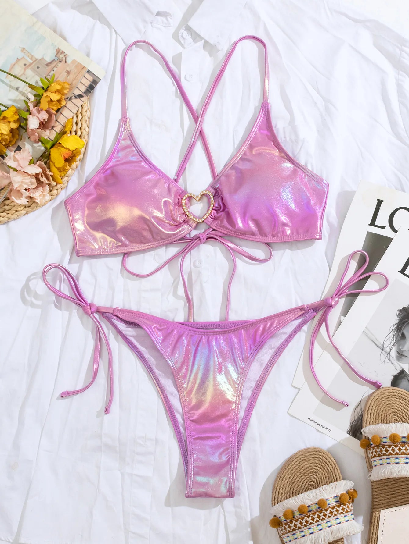 Rosalie Rhinestone Heart Metallic Bikini Two-piece