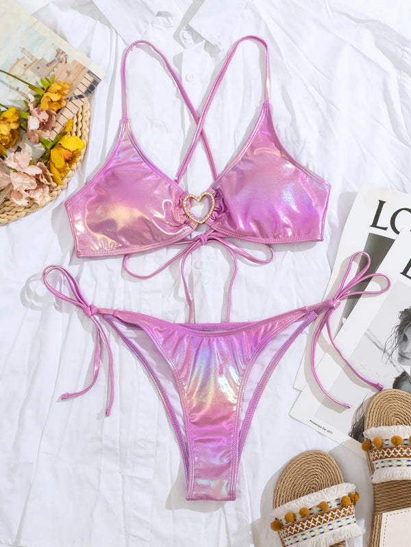 Rosalie Rhinestone Heart Metallic Bikini Two-piece