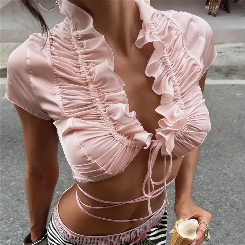 hirigin Sexy Ruffle Trim Satin Crop Top for Women Solid Tie Front Deep V Neck Short Sleeve Blouse Summer Casual Top Streetwear