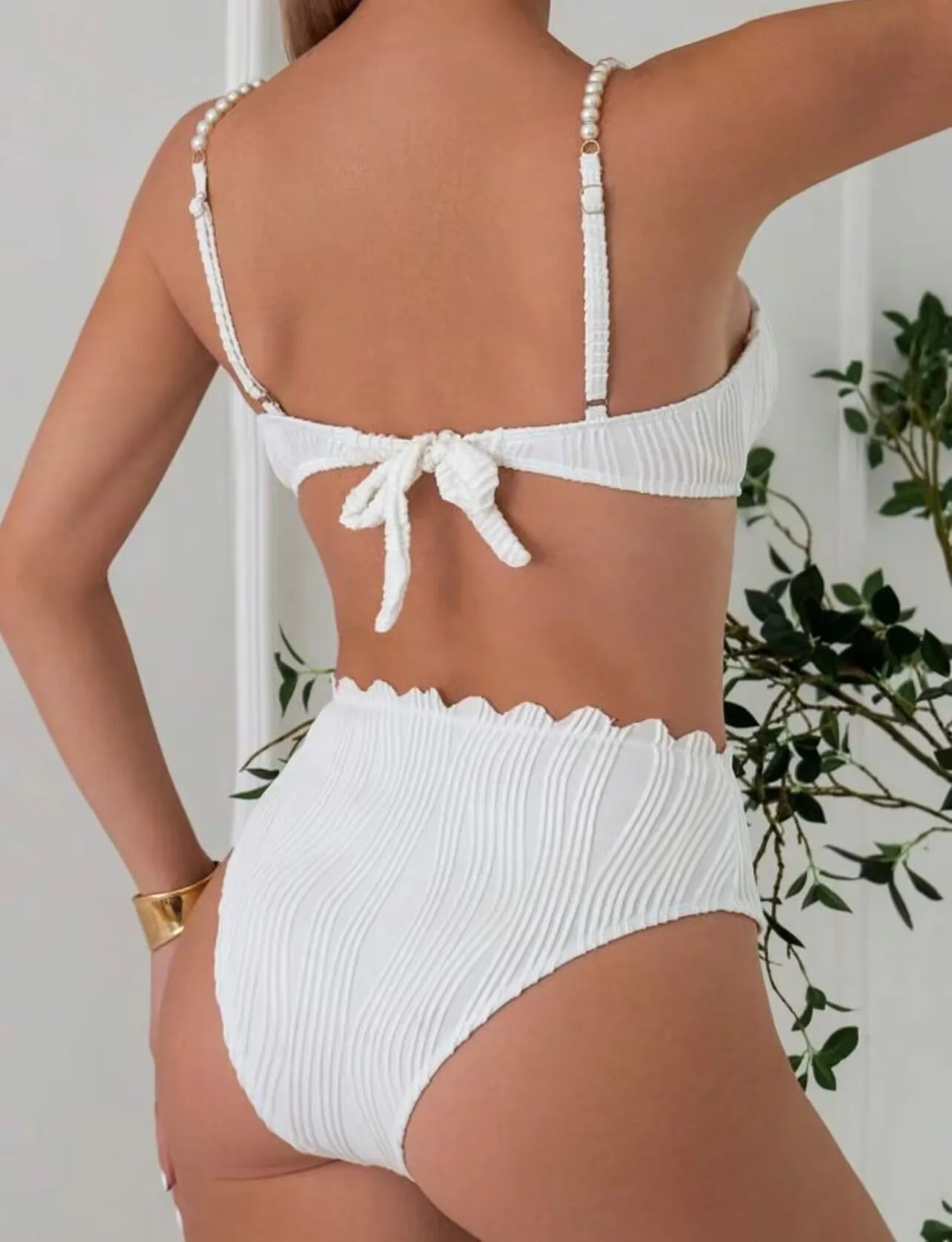 Sexy White Black Bikini Set 2025 Women Pearls Strap Ruffles Push Up High Waist Swimsuit Beach Bathing Suit Two Piece Swimwear Secondary image