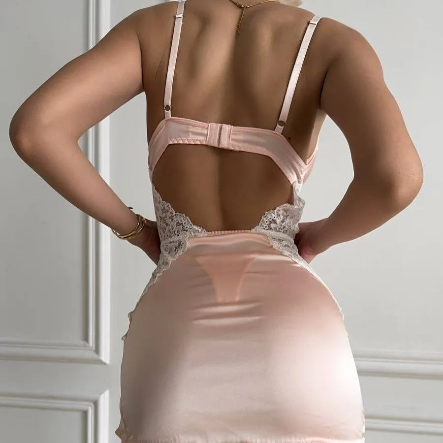 Ember Deep-V Satin Lace Slip Nightgown