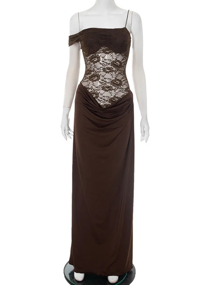 Valentina Cocoa Lace Draped Maxi Dress