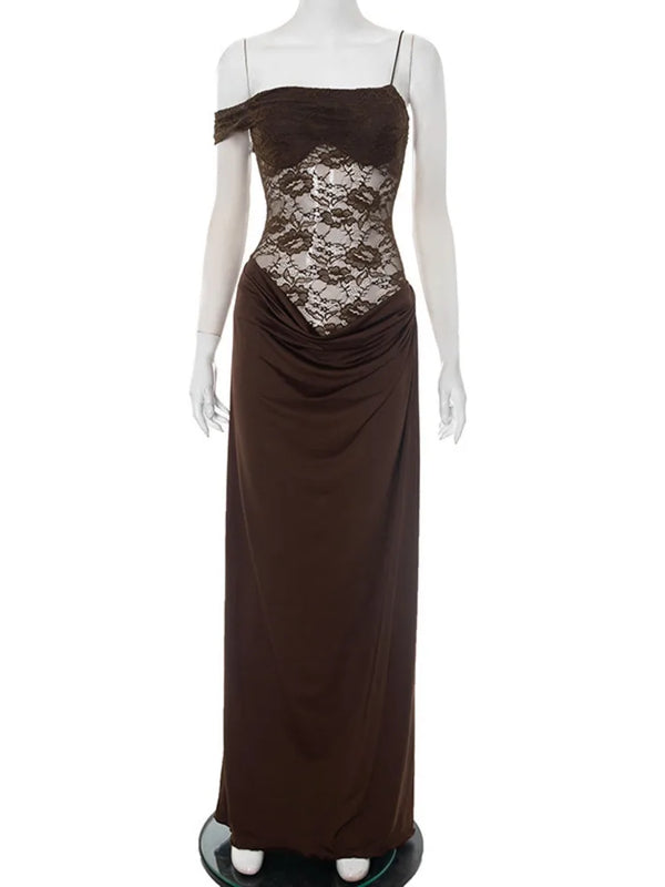 Valentina Cocoa Lace Draped Maxi Dress