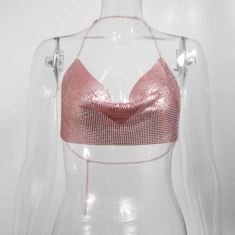 Electra Metallic Sequin Halter Backless Crop Top One-piece