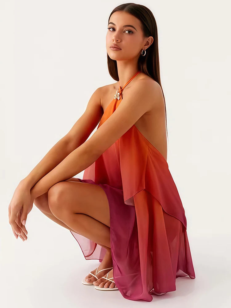 Yara Gradient Mesh Halter Mini Dress