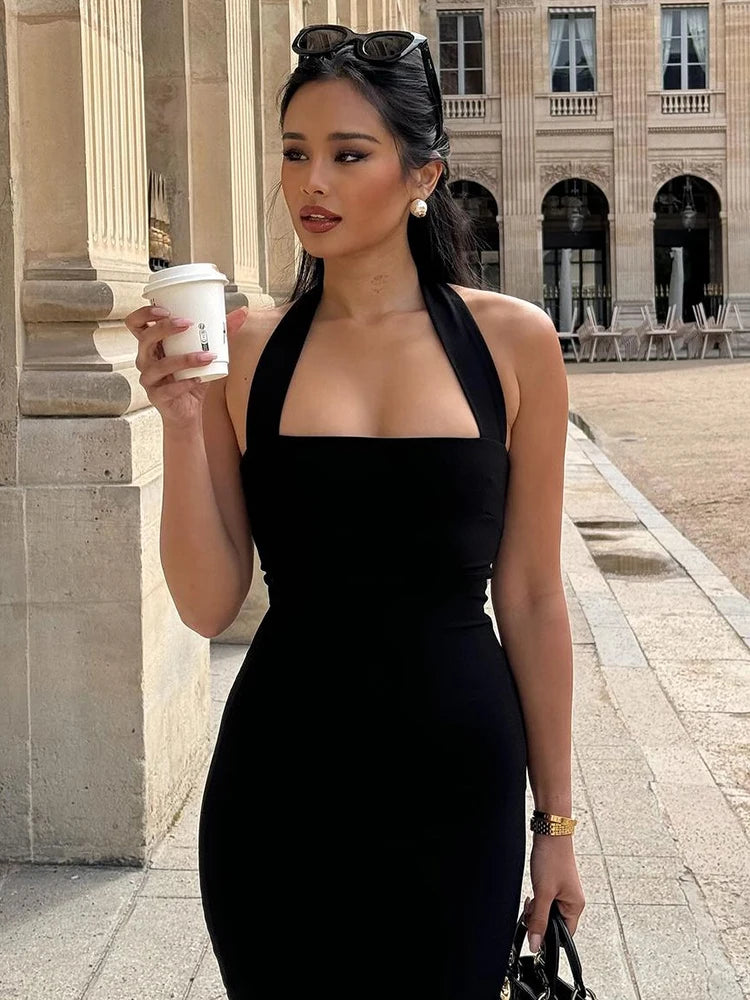 Obsidian Halter Backless Bodycon Midi Dress