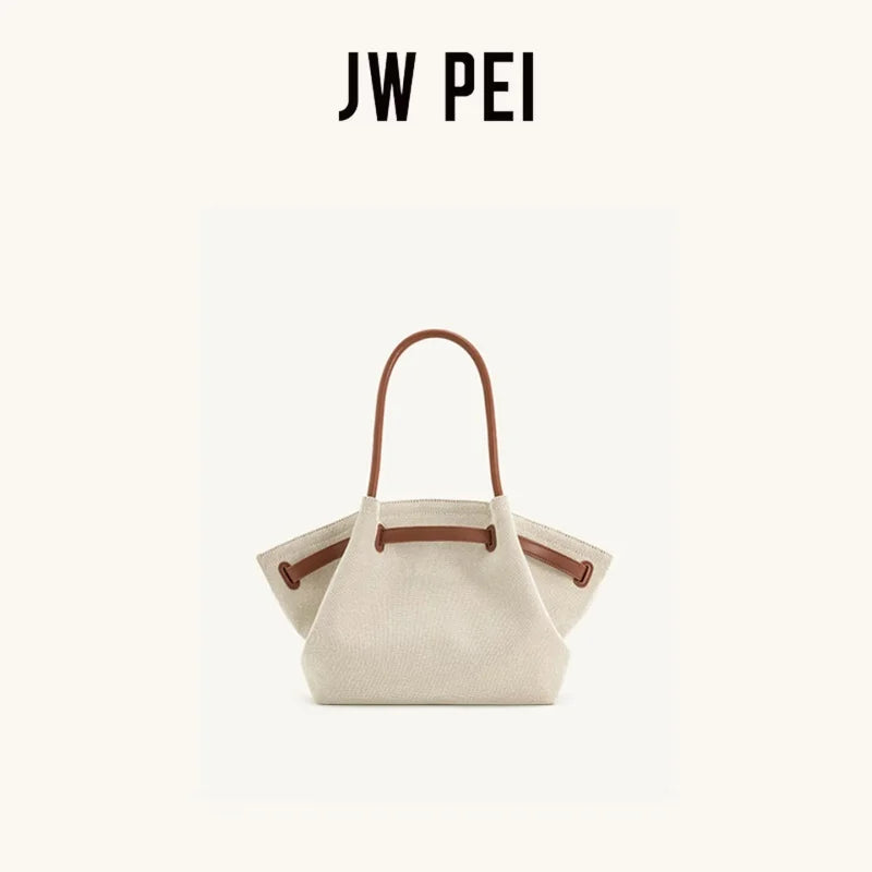 JW PEI Hana Canvas Stitching Tote Bag For Women Luxury Vegan Leather Shoulder Hangbag Summer Casual Slouchy Hobo Work Bag