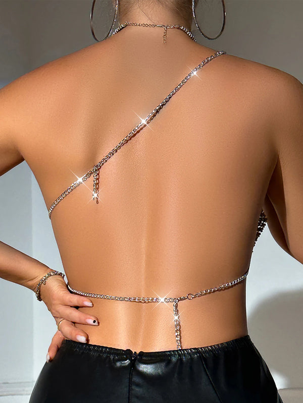 Sexy see through metal rhinestone crop top women summer body halter tank top cropped hotwife nightclub party tops woman outfits
