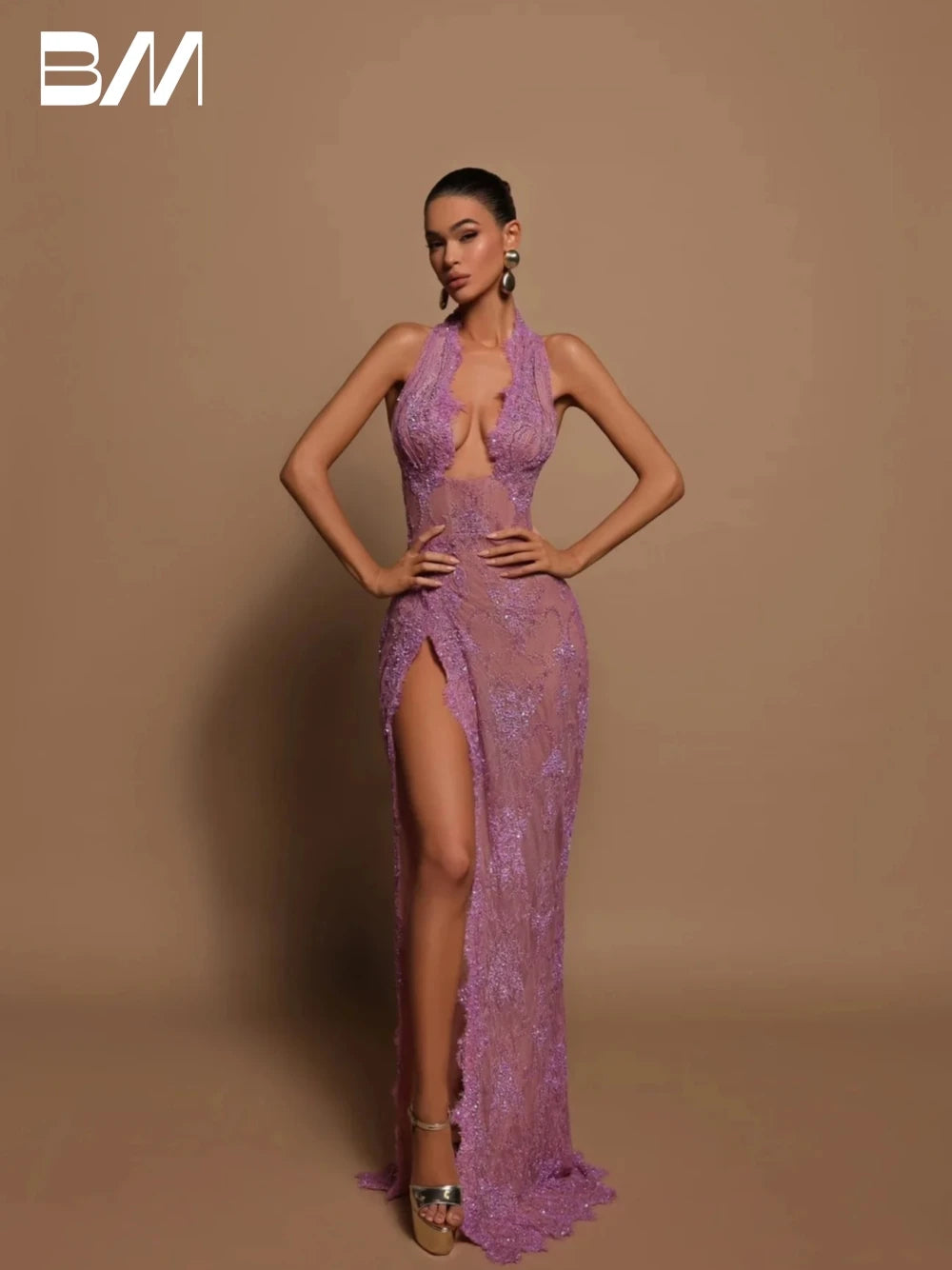 Illusion Halter Party Prom Dress With Split Beaded Lace Evening Gown Shiny Women Sexy Dresses Customized Vestido De Novia Main image