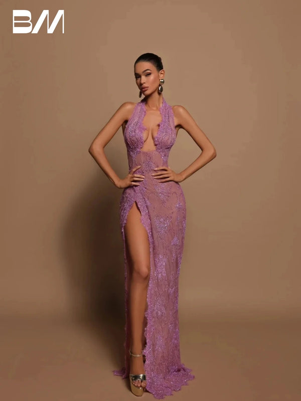 Illusion Halter Party Prom Dress With Split Beaded Lace Evening Gown Shiny Women Sexy Dresses Customized Vestido De Novia