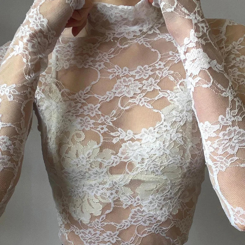 Sexy Lace Blouse Shirts Summer Women Turtleneck Long Sleeve See Through Lace Patchwork Thin Tops XXNWQ-NWMCT01609