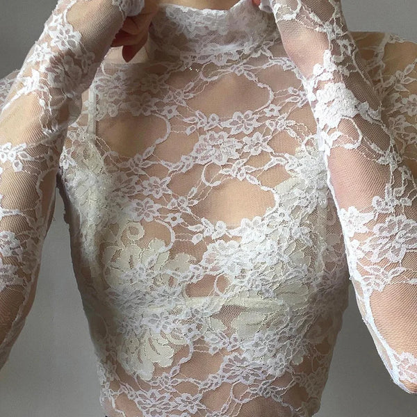 Sexy Lace Blouse Shirts Summer Women Turtleneck Long Sleeve See Through Lace Patchwork Thin Tops XXNWQ-NWMCT01609