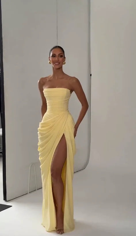Marisol Strapless Pleated Split Maxi Dress