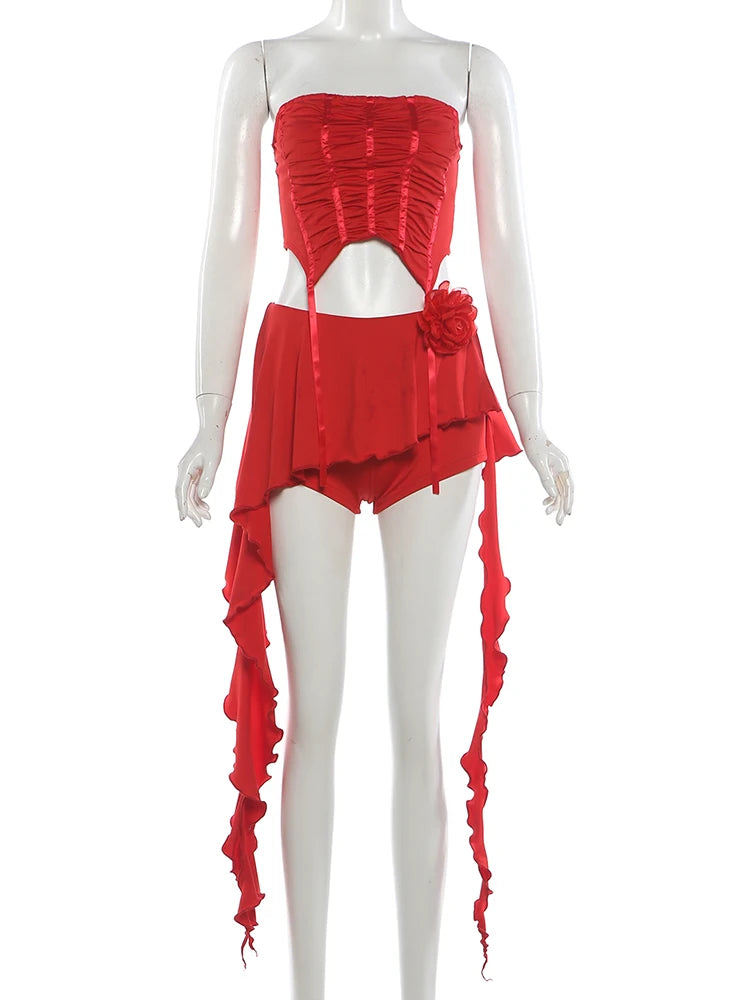 Dovina Floral Asymmetrical Mini Skirt Set Two-piece