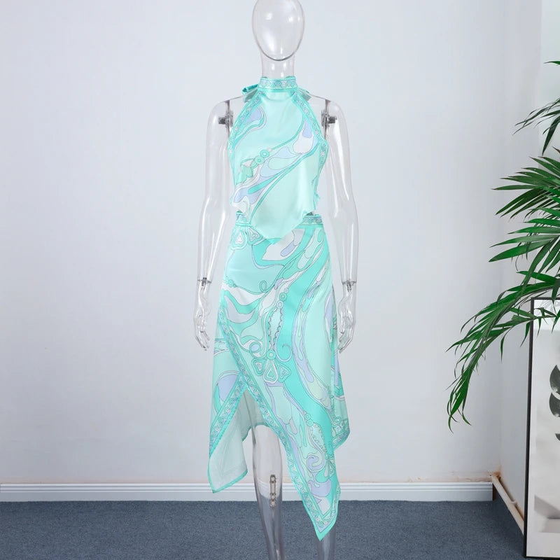 Ermengarde Print Halter Bow Backless Top & Long Skirt Set