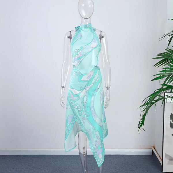Ermengarde Print Halter Bow Backless Top & Long Skirt Set