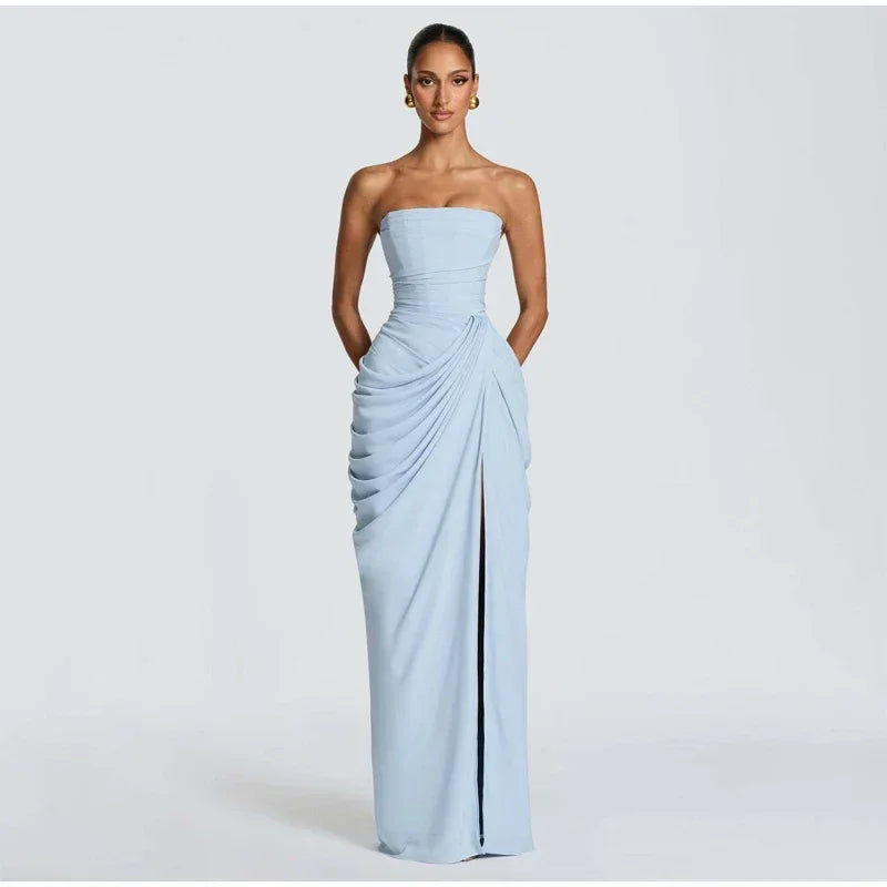 Elise Strapless Pleated Slit Maxi Dress