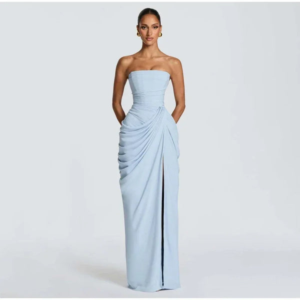 Elise Strapless Pleated Slit Maxi Dress