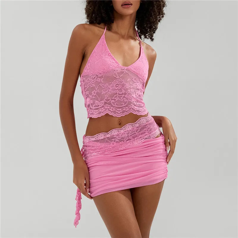 hirigin Sexy Lace Two Piece Set Women Outfit Halter Neck Backless Crop Top And Bodycon Mini Skirt Female Club Party Dress Sets