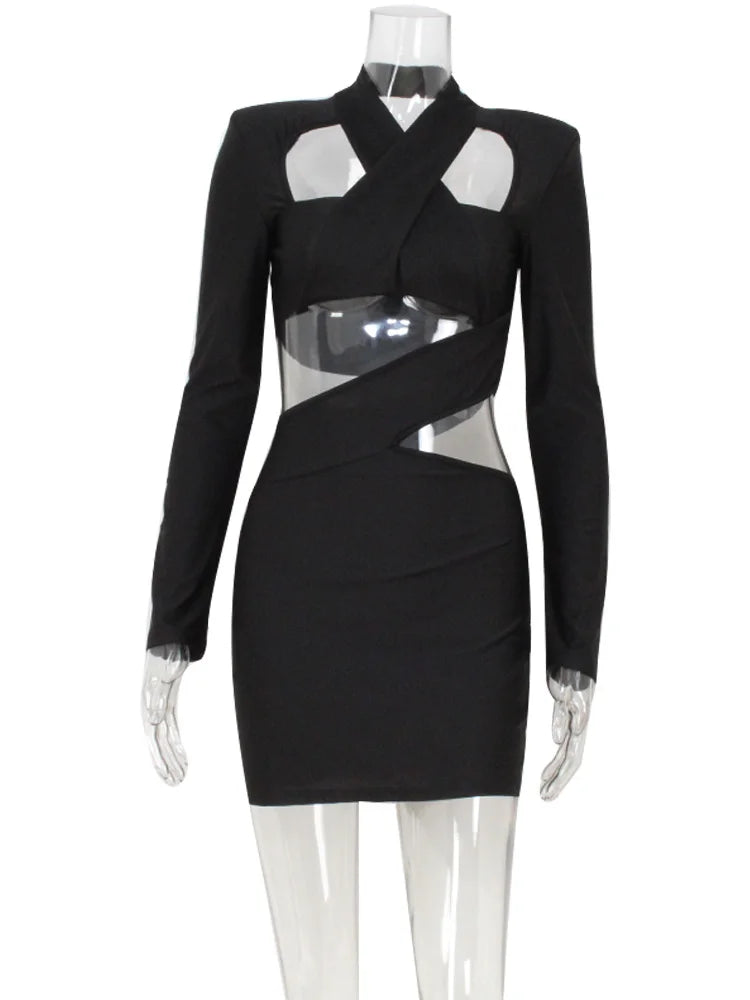 Eluned Cutout V-Neck Long-Sleeve Bodycon Mini Dress