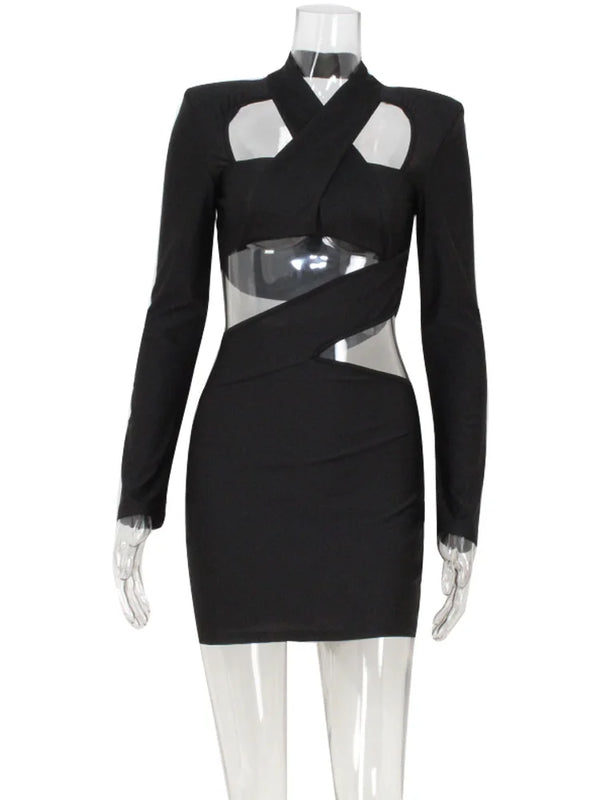 Eluned Cutout V-Neck Long-Sleeve Bodycon Mini Dress