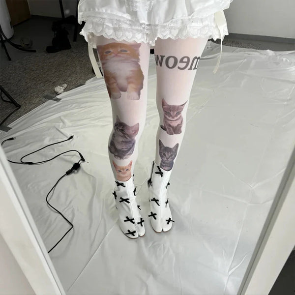 Meow Cat-Print Graphic Pantyhose