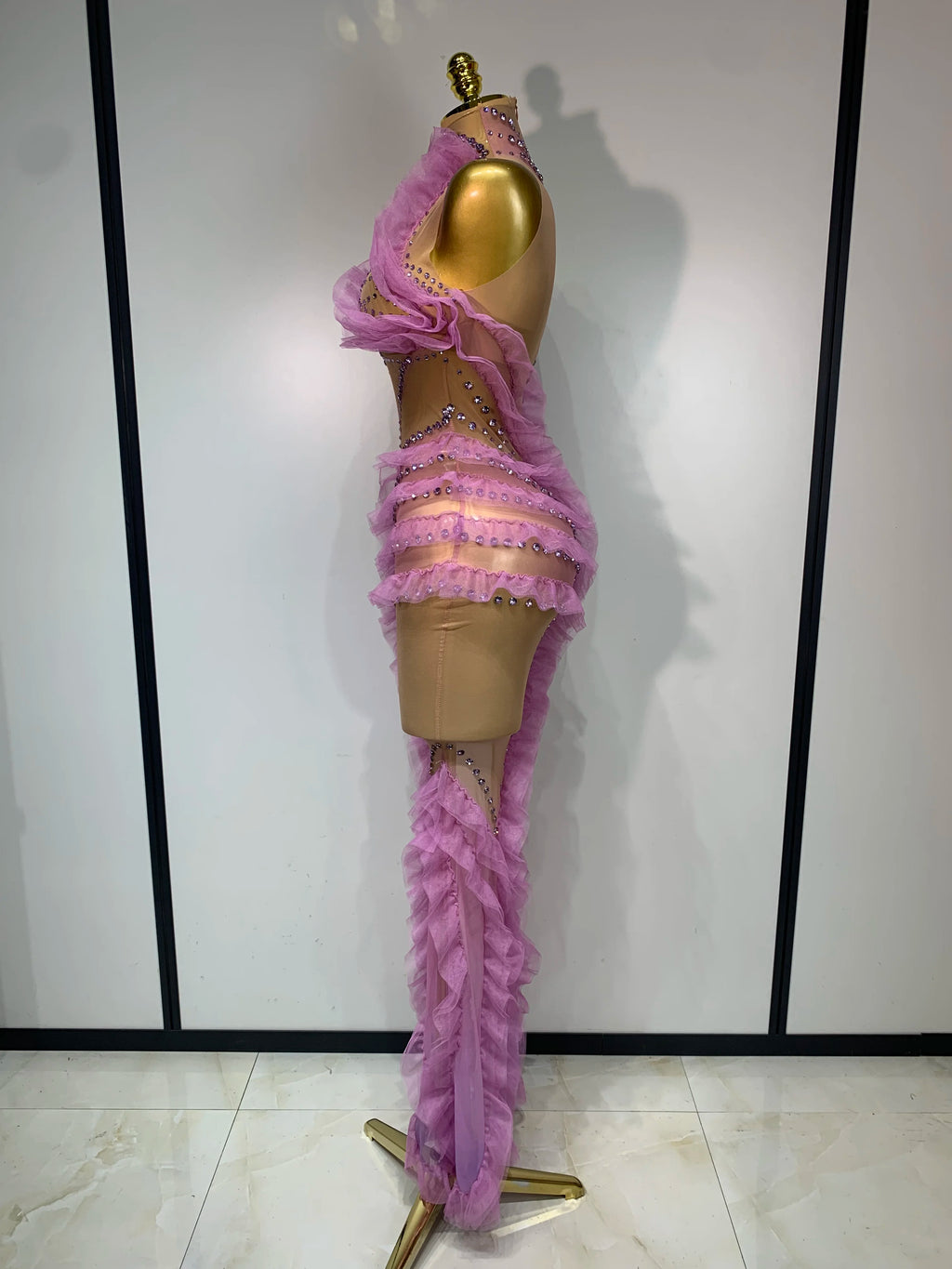Violetta Rhinestone Mesh Ruffle Maxi Dress