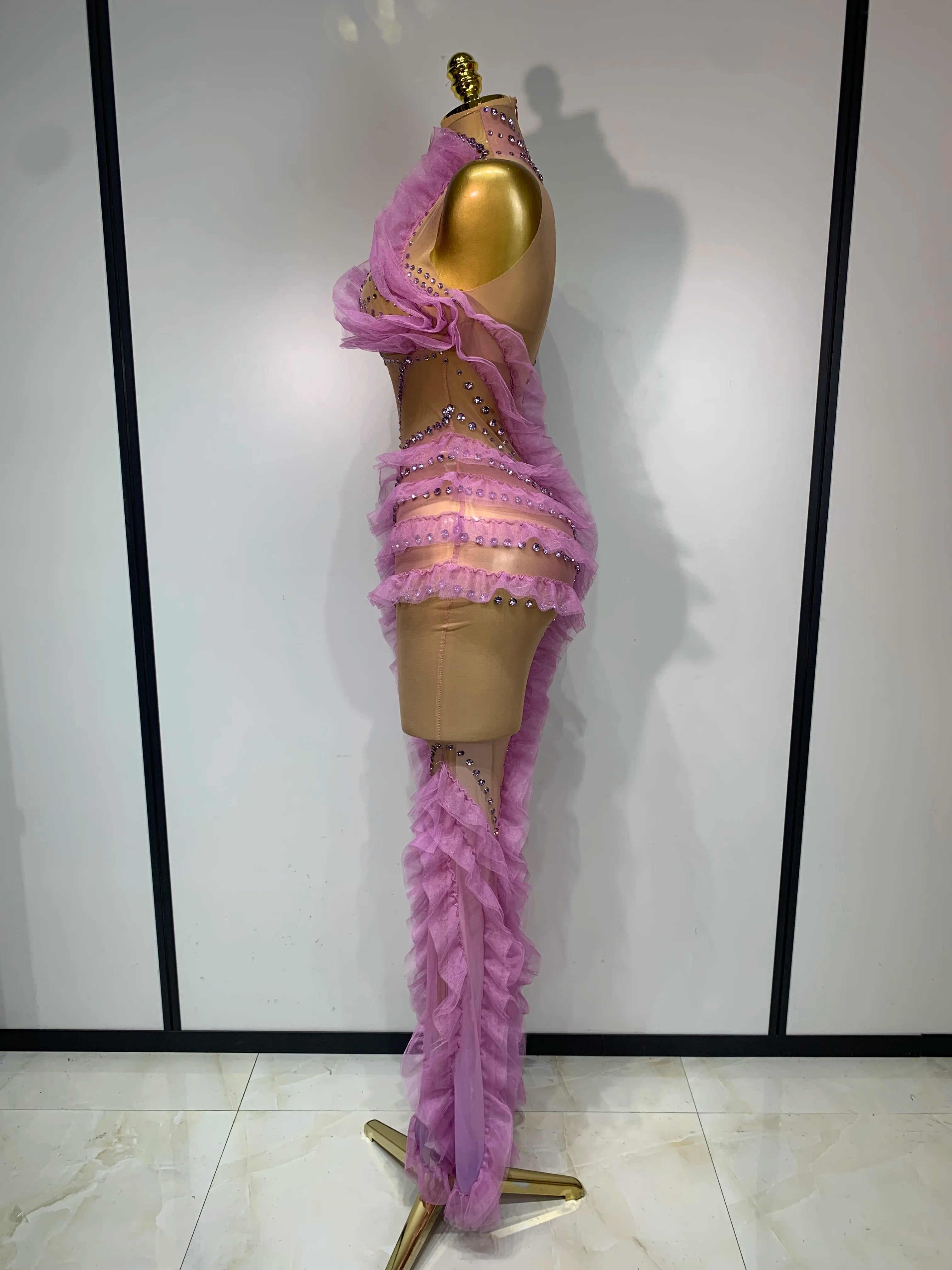 Violetta Rhinestone Mesh Ruffle Maxi Dress