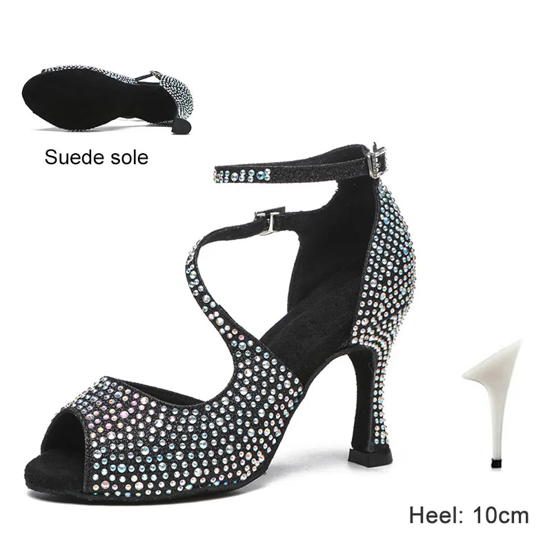 DKZSYIM Latin Dance Shoes For Women Ballroom Tango Rhinestones Dancing Shoes High Heels Black/Silver/Gold Women's Wedding Shoes
