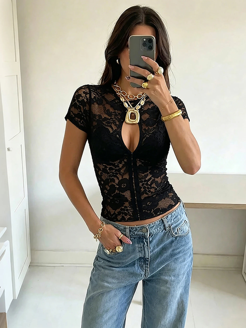 Kliou Lace Patchwork T-Shirts Woman Summer Trend o-Neck Hidden Clasp Design Mini Sleeve Hot Girls Street Sexy Fashion Style Tees