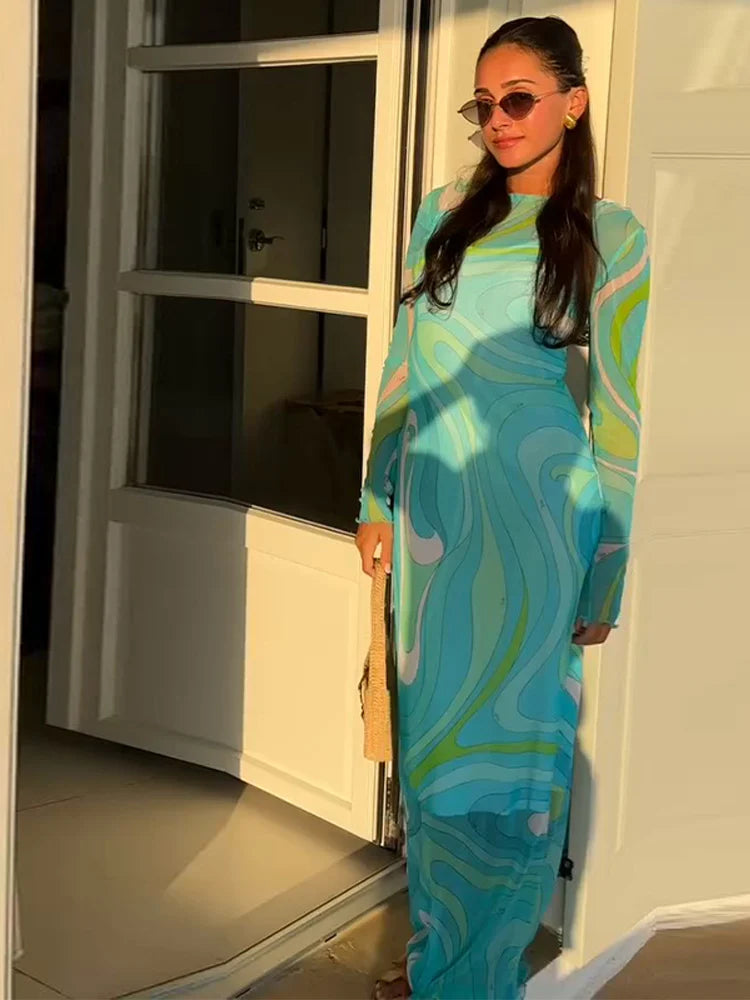 Ondrea Sheer Swirl-Print Mesh Bodycon Maxi Dress One-piece