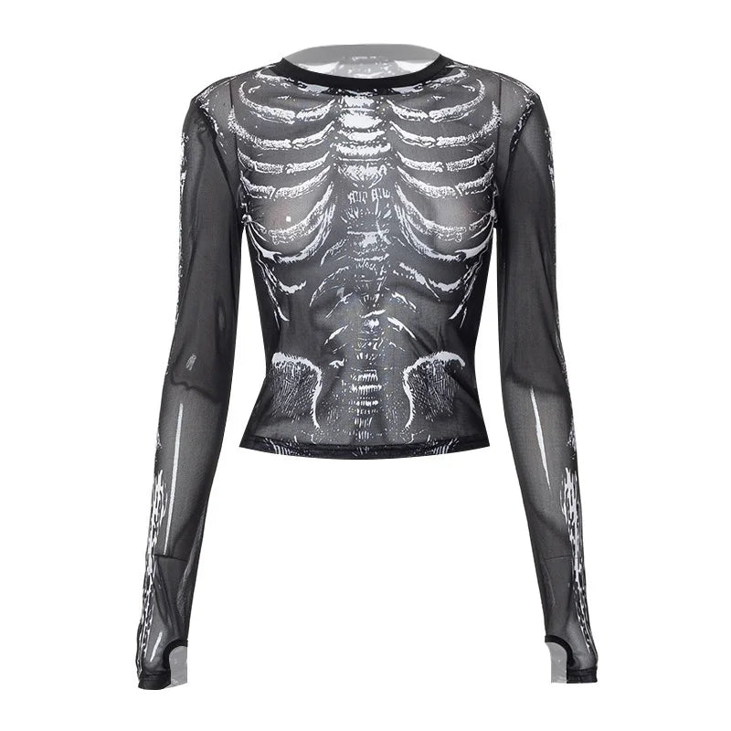 Morticia Skeleton Print Sheer Mesh Long-Sleeve Top One-piece