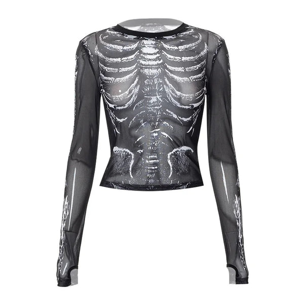 Morticia Skeleton Print Sheer Mesh Long-Sleeve Top One-piece