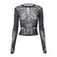 Morticia Skeleton Print Sheer Mesh Long-Sleeve Top One-piece