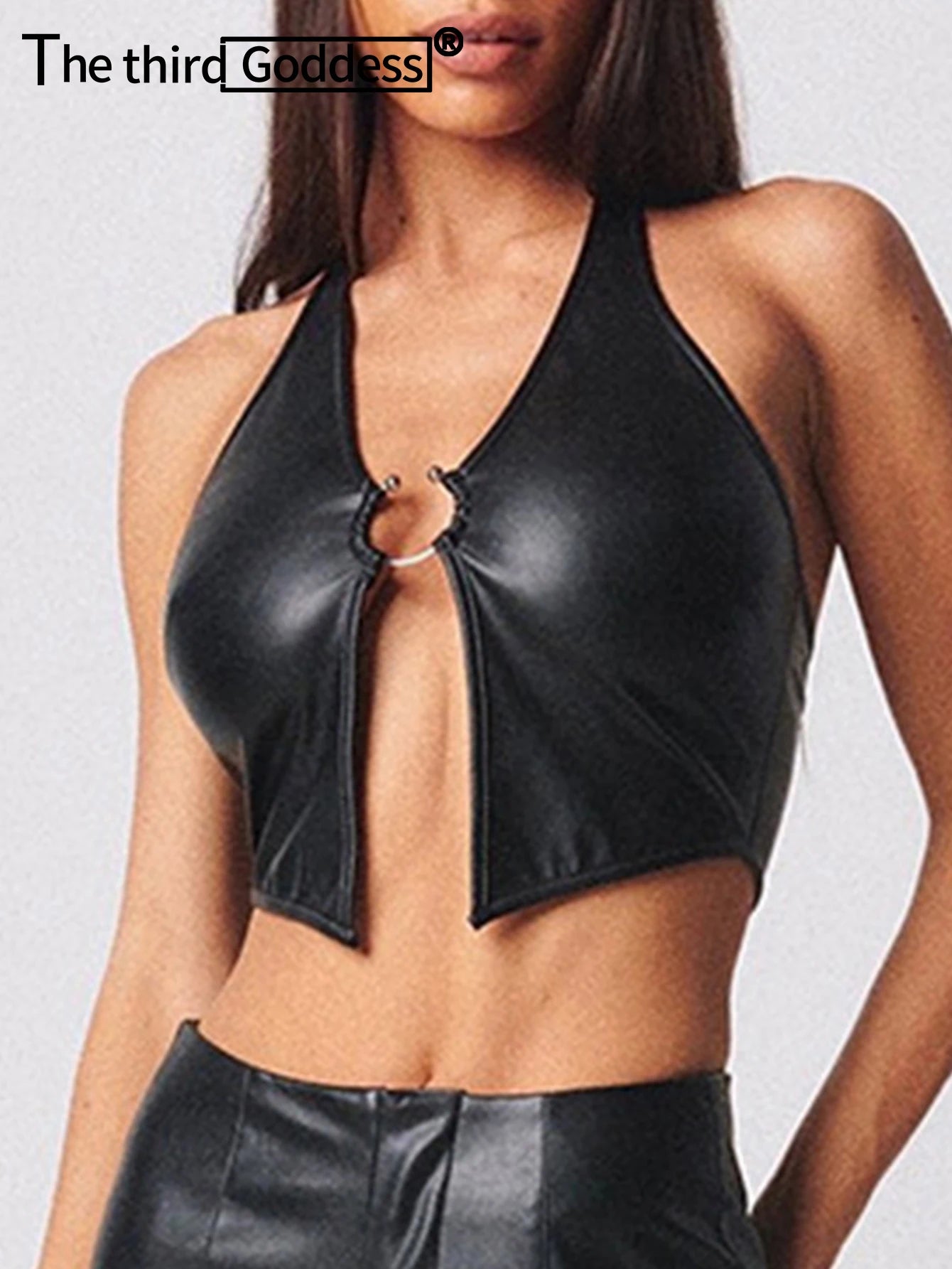 Morrigan Black PU Leather Halter Corset Crop Top Main image