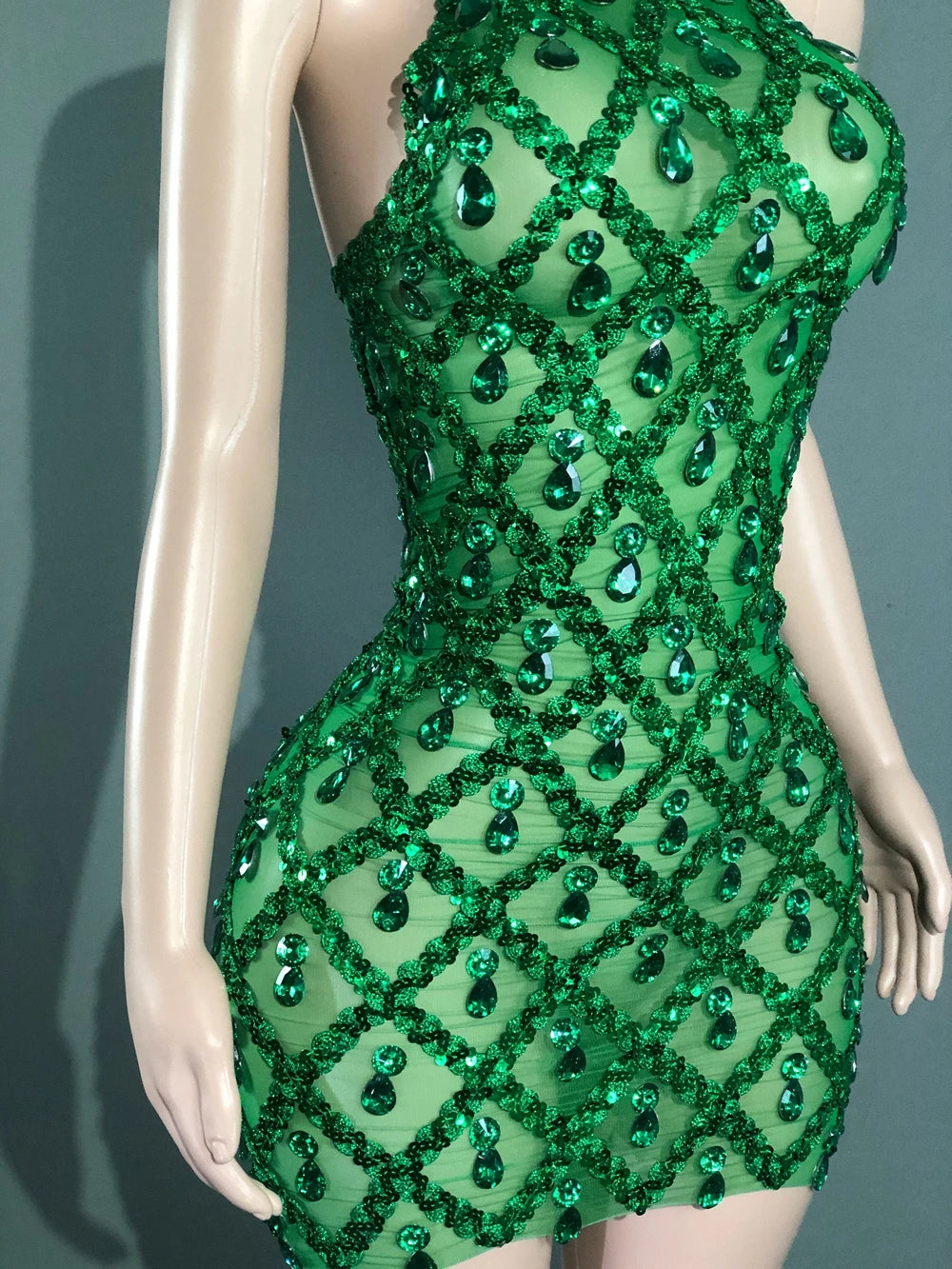 Elettra Rhinestone Sequin Lattice Sheer Mesh Mock-Neck Mini Dress
