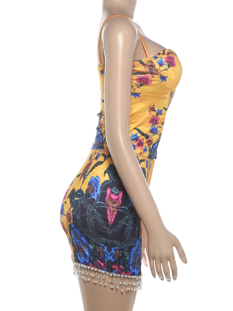 Guinevere Floral Fringe Beaded Mini Skirt Set Two-piece