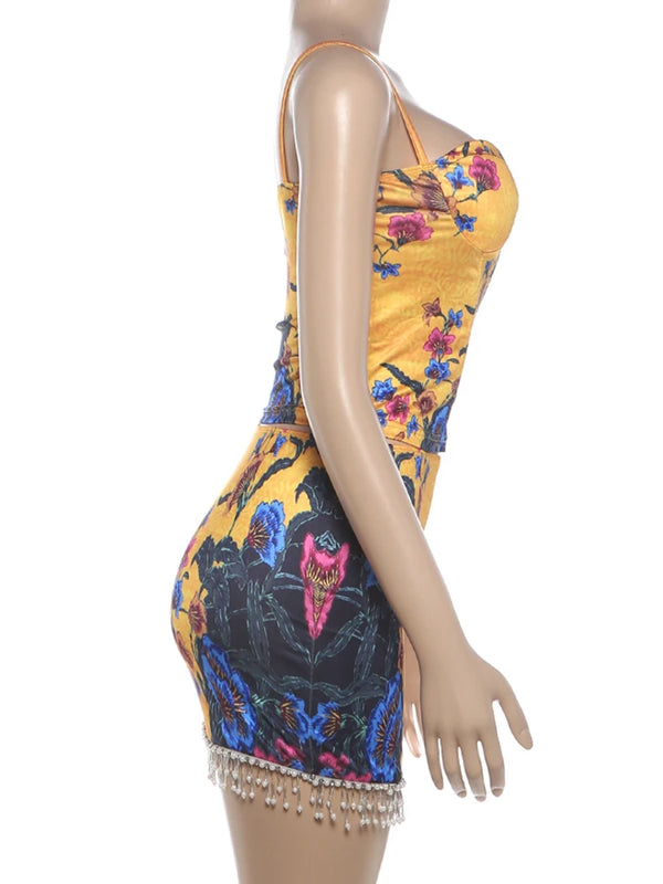 Guinevere Floral Fringe Beaded Mini Skirt Set Two-piece