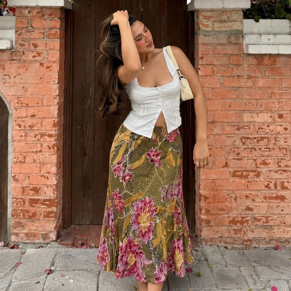 Romy Floral Satin Maxi Skirt One-piece