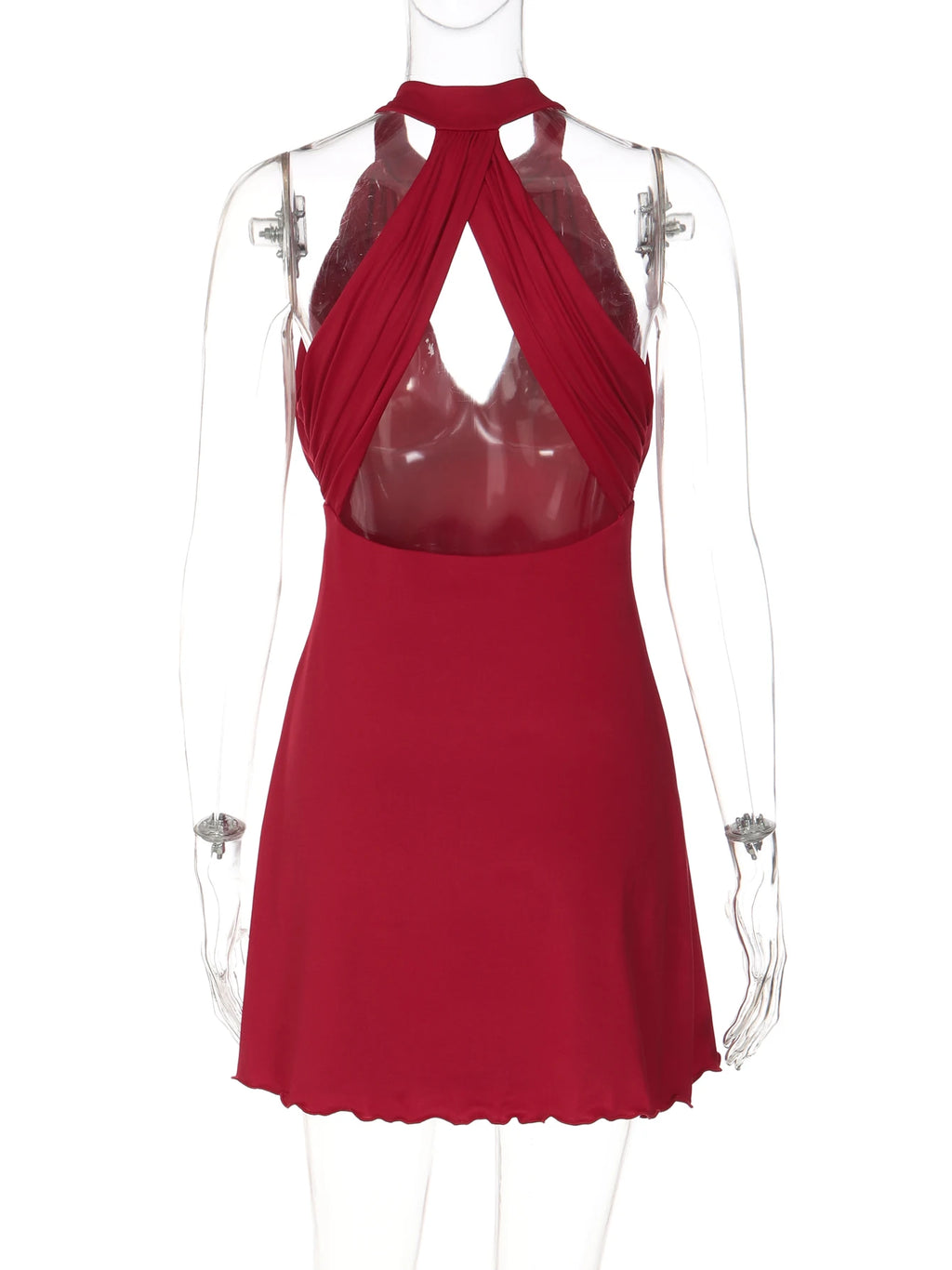 Ruby Ruched Ruffle Halter Mini Dress