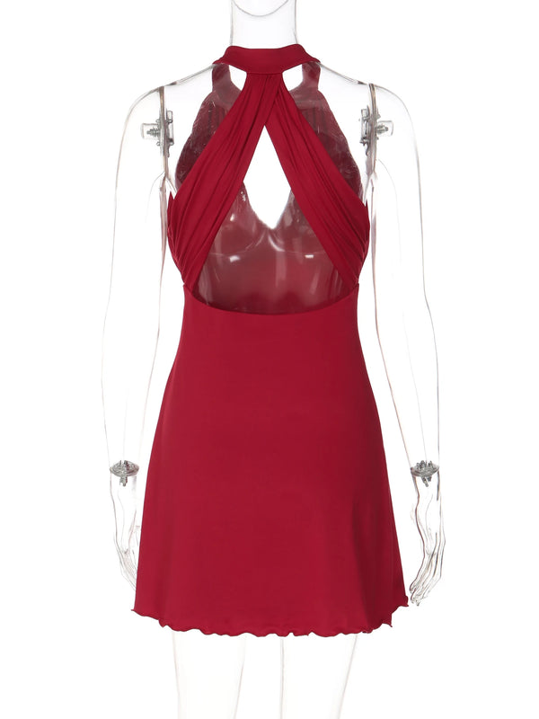 Ruby Ruched Ruffle Halter Mini Dress