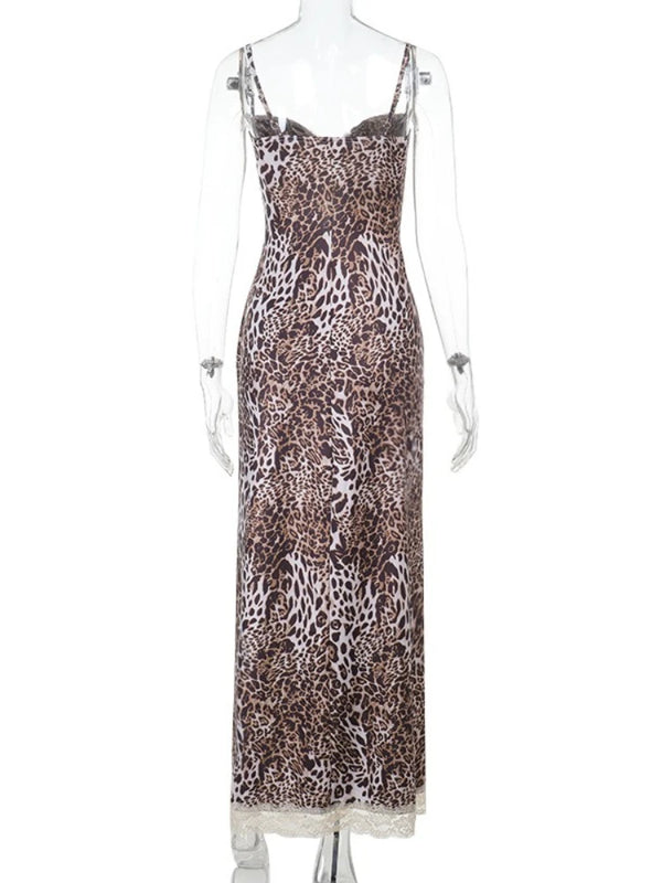 Vionette Leopard Lace-Trim Cutout Maxi Dress