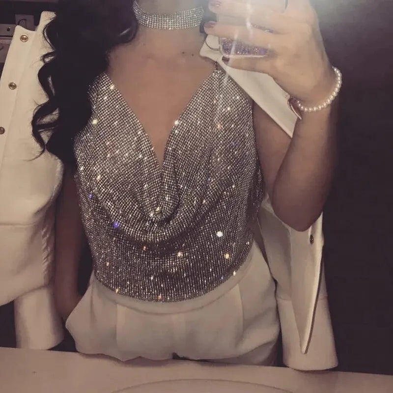 Festival Brilliant Rhinestone Backless Party Crop Top Women 2025 Summer Glitter Evening V Neck Diamonds Metal Tank Tops Secondary image